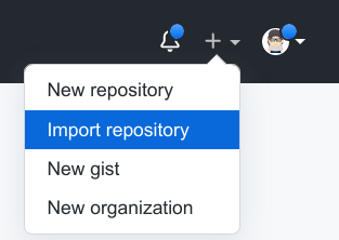 Screenshot: Import eines Projekts von GitHub in GitHub